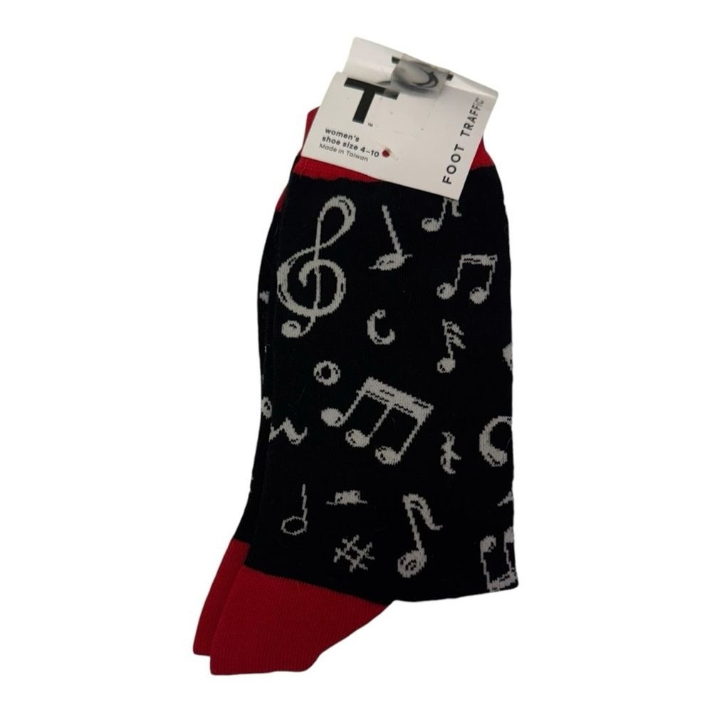 Foot Traffic Womens Music Note Crew Socks Black Red White Musical‎ Symbols 4-10